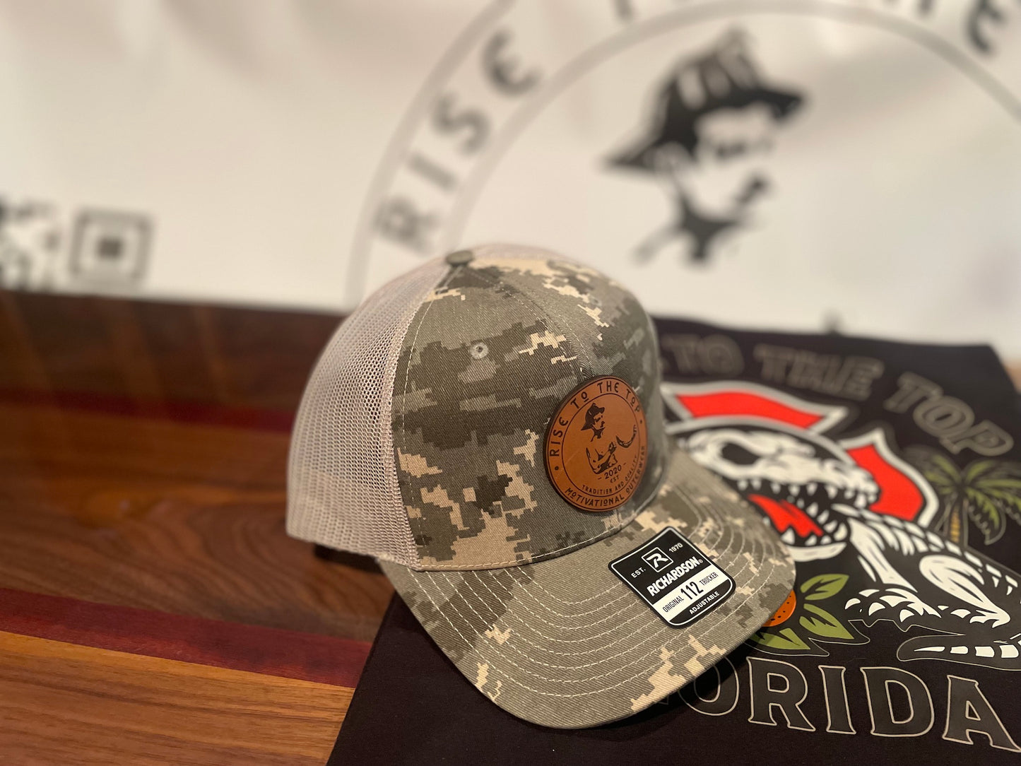 Military Digital/Green Camo Trucker Hat with Leather Patch
