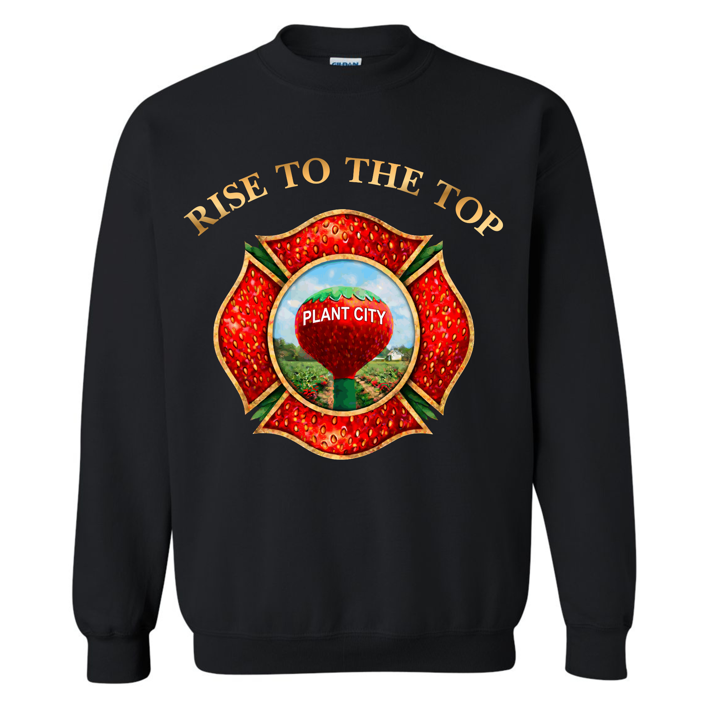 Black sweatshirt with a red and gold maltese cross emblem with the plant city strawberry water tower and 'Rise to the Top text