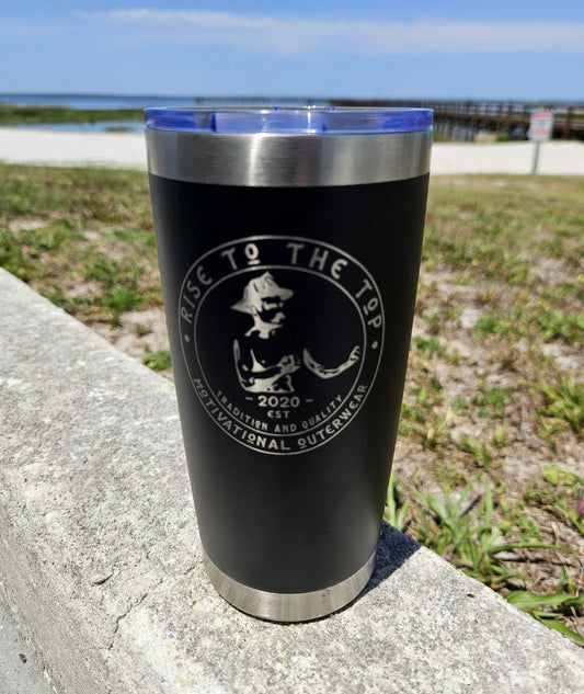 Black and stainless steel tumbler with rise to the top classic logo engraved. 