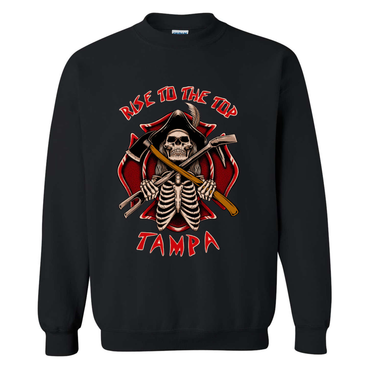 Black sweatshirt with a skeleton pirate design welding tools over and maltese cross and text 'Rise to the Top Tampa' on a white background