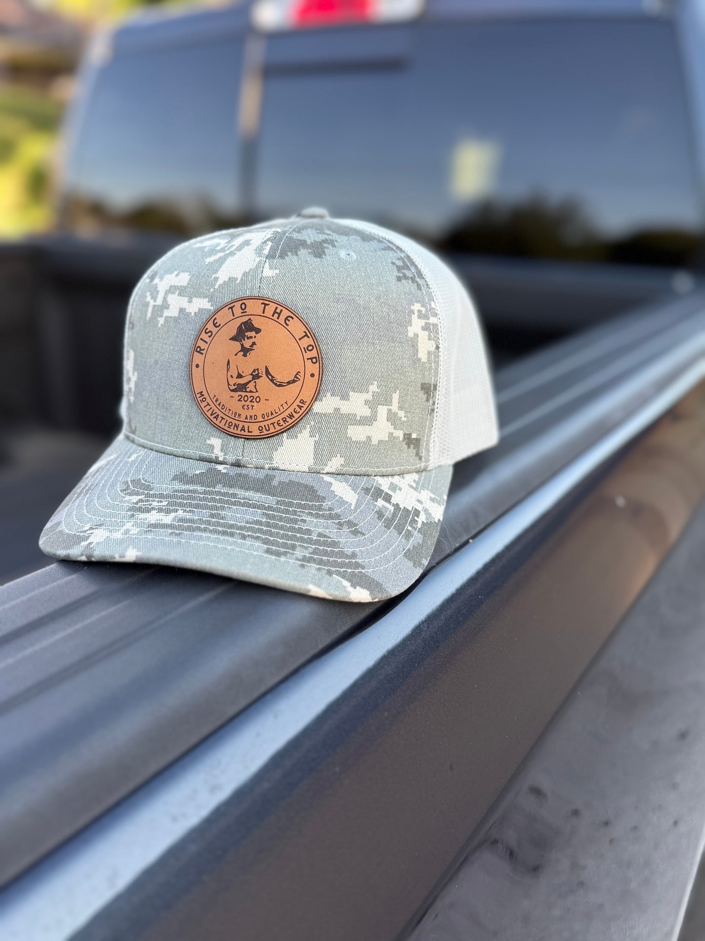 Military Digital/Green Camo Trucker Hat with Leather Patch