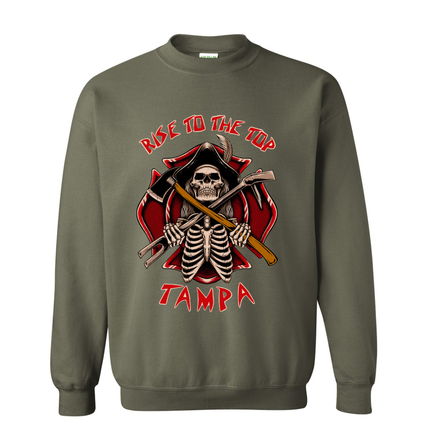 Military green sweatshirt with a skeleton pirate design welding tools over and maltese cross and text 'Rise to the Top Tampa' on a white background