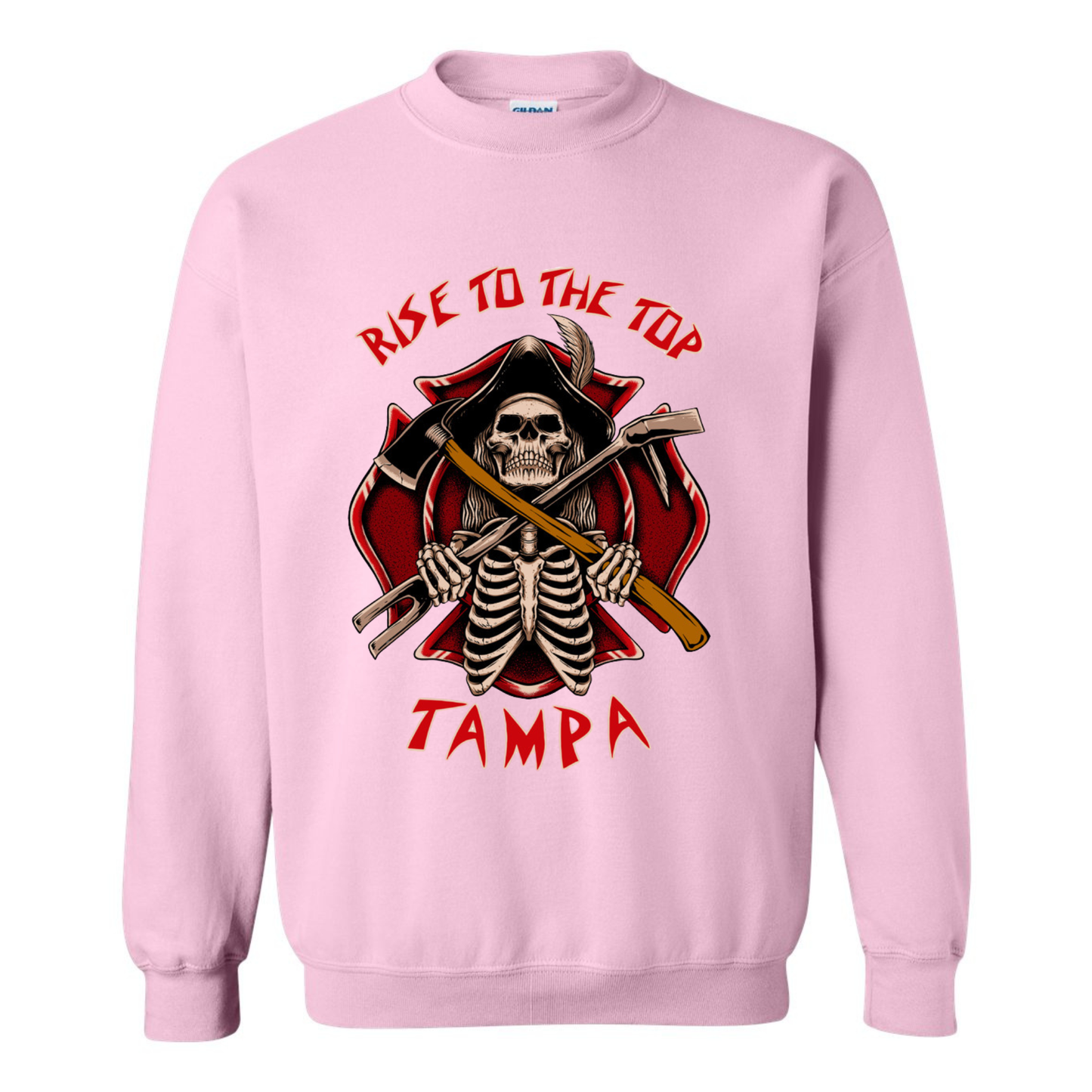 Pink sweatshirt with a skeleton pirate design welding tools over and maltese cross and text 'Rise to the Top Tampa'.
